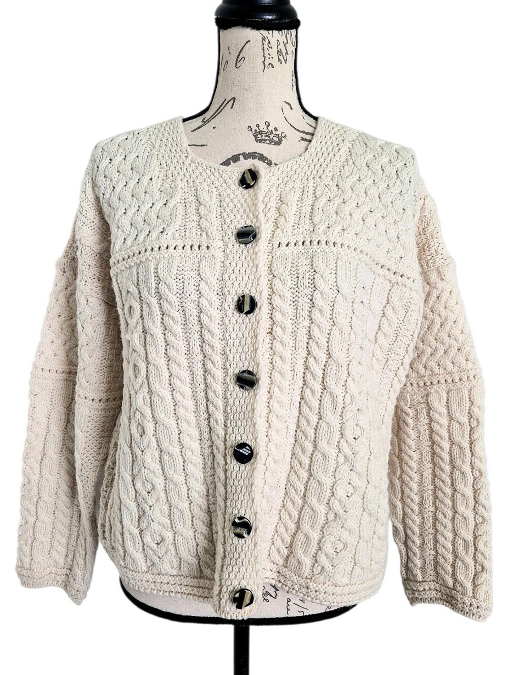 Carraig Donn Aran Merino Wool Fisherman Cable Knit Cardigan Sweater size L Irish